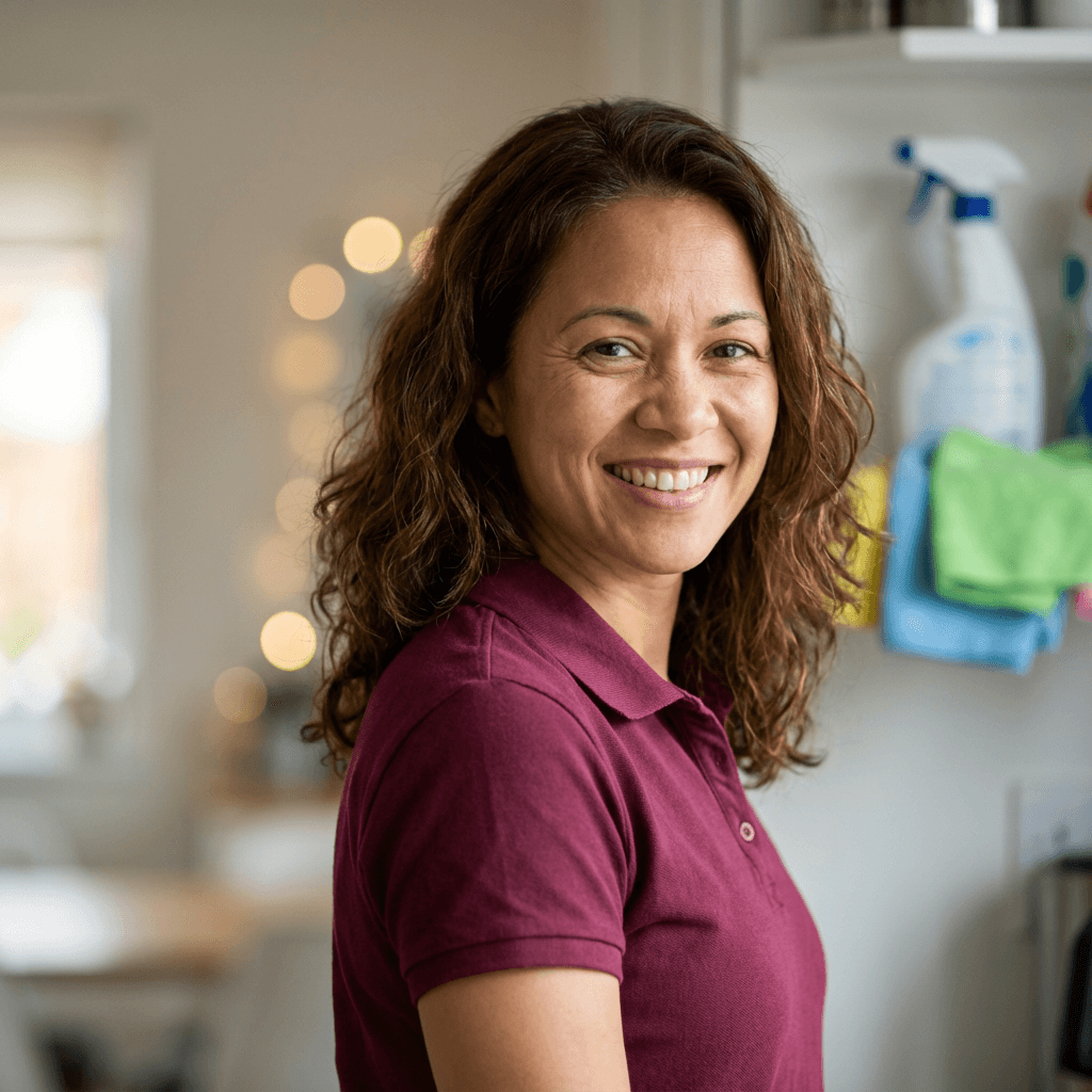 Female homeowner in her 50s, East Asian, warm and friendly, suitable for residential service testimonial