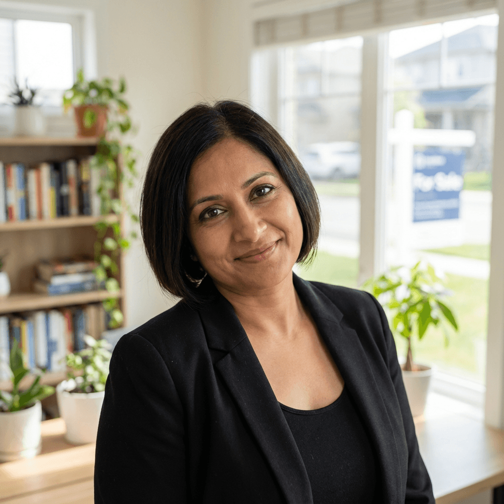 Priya Sharma standing in her laundry room near the washing machine