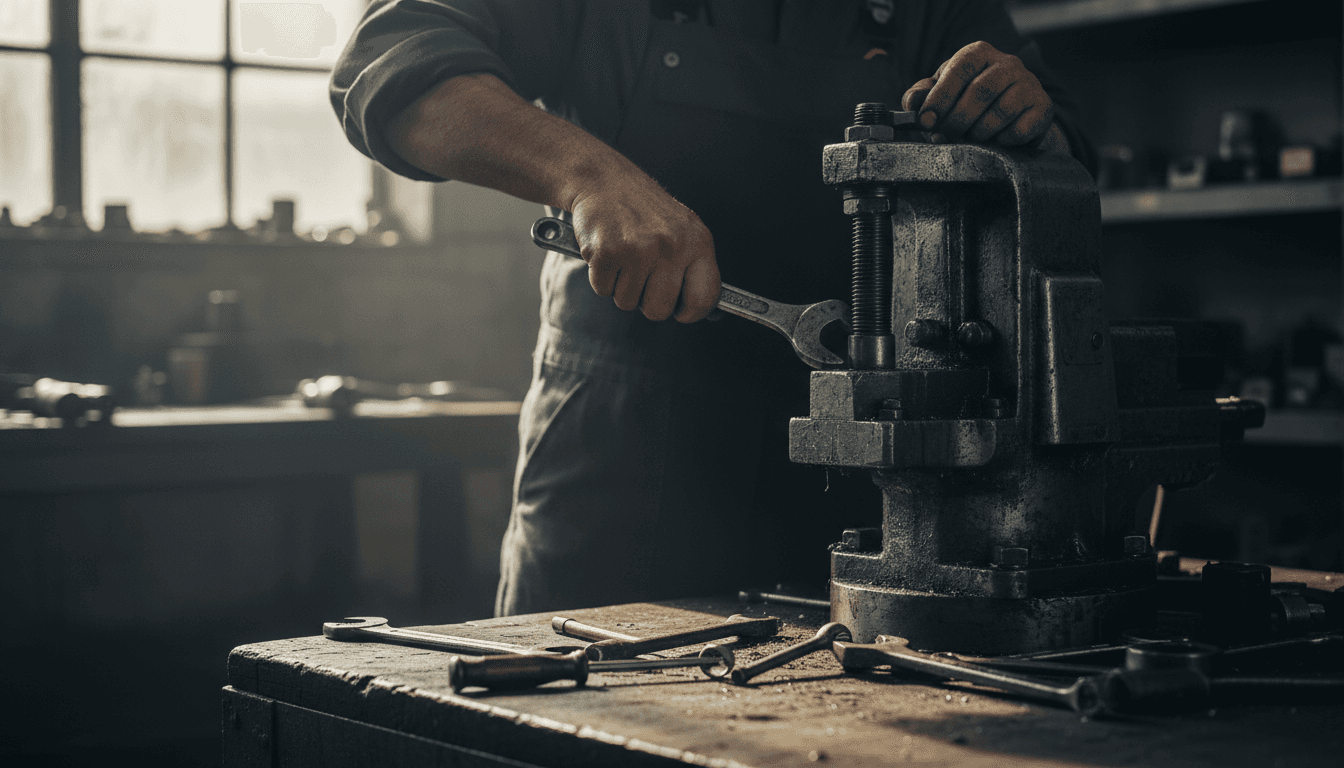 Technician repairing equipment at a workbench